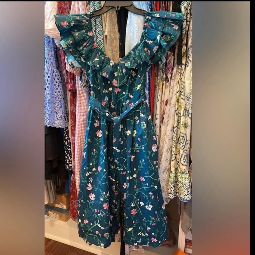 Hill House Teal Floral Midi Dress with Ruffle Neckline